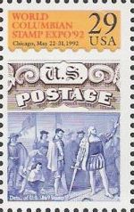 29-cent U.S. postage stamp picturing part of 15-cent U.S. postage stamp picturing Christopher Columbus landing