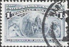 Blue 1-cent U.S. postage stamp picturing Christopher Columbus in sight of land