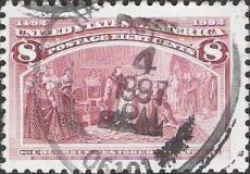 Magenta 8-cent U.S. postage stamp picturing Christopher Columbus being restored to favor