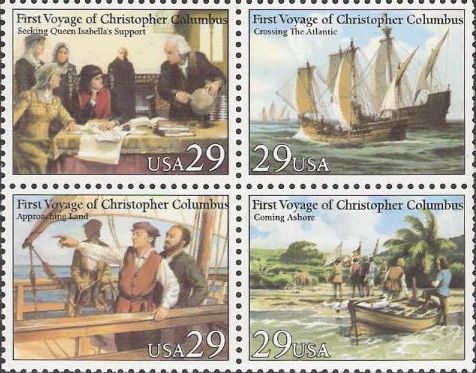 Block of four 29-cent U.S. postage stamps picturing scenes from Christopher Columbus' first voyage
