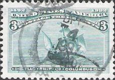 Green 3-cent U.S. postage stamp picturing flag ship of Christopher Columbus