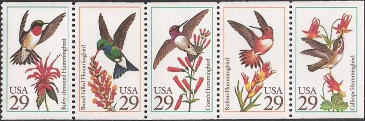 Booklet pane of five 29-cent U.S. postage stamps picturing hummingbirds