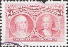 Pink $4 U.S. postage stamp picturing Queen Isabella and Christopher Columbus
