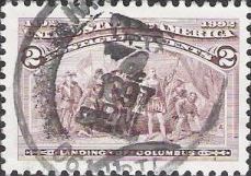 Brown violet 2-cent U.S. postage stamp picturing landing of Christopher Columbus