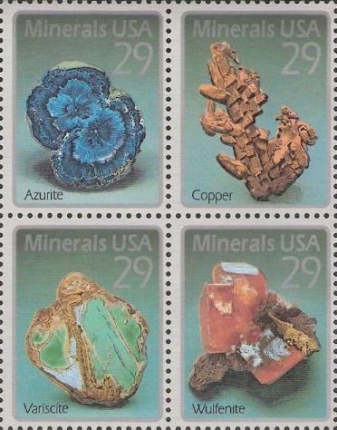 Block of four 29-cent U.S. postage stamps picturing minerals