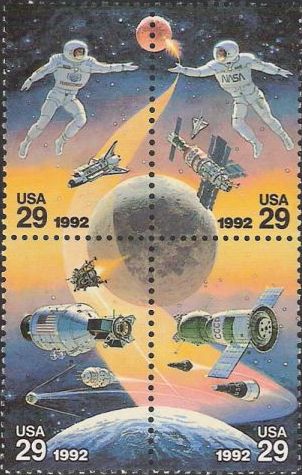 Block of four 29-cent U.S. postage stamps picturing astronauts, spacecraft, and planets