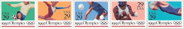 Strip of five 29-cent U.S. postage stamps picturing Summer Olympians