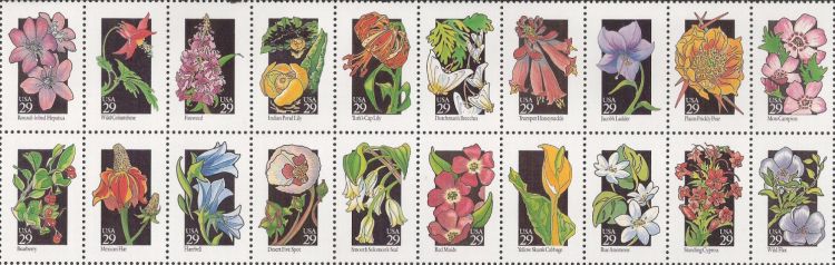 Block of 20 29-cent U.S. postage stamps picturing wildflowers