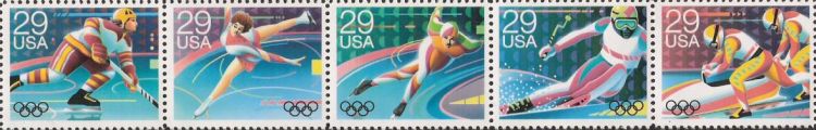 Strip of five 29-cent U.S. postage stamps picturing Winter Olympians