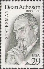 Gray green 29-cent U.S. postage stamp picturing Dean Acheson