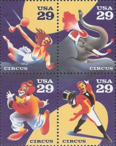 Block of four 29-cent U.S. postage stamps picturing circus performers and elephant