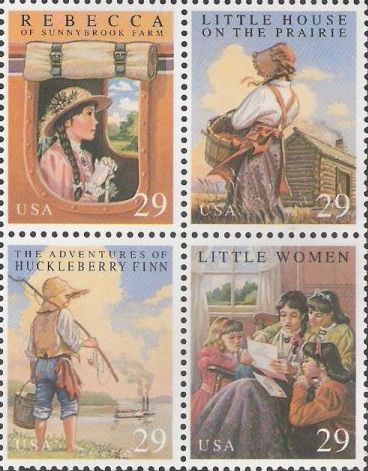 Block of four 29-cent U.S. postage stamps picturing scenes from Rebecca of Sunnybrook Farm, Little House on the Prairie, The Adventures of Huckleberry Finn, and Little Women