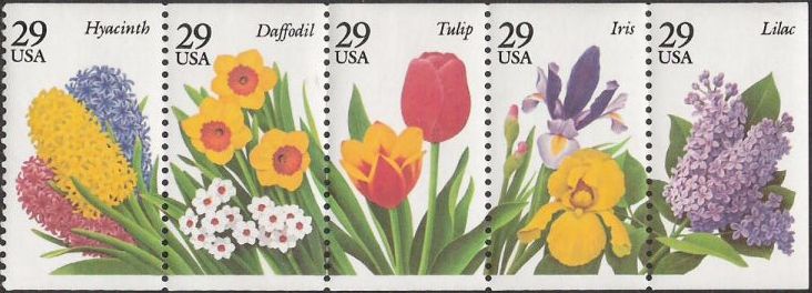 Booklet pane of five 29-cent U.S. postage stamps picturing hyacinth, daffodil, tulip, iris, and lilac