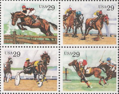 Block of four 29-cent U.S. postage stamps picturing steeplechase scenes