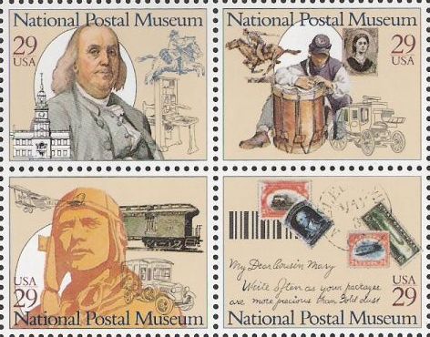 Block of four 29-cent U.S. postage stamps picturing stamps and men