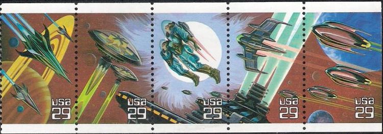 Booklet pane of five 29-cent U.S. postage stamps picturing science fiction scenes