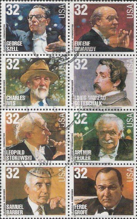 Block of eight 32-cent U.S. postage stamps picturing George Szell, Eugene Ormandy, Charles Ives, Louis Moreau Gottschalk, Leopold Stokowski, Arthur Fiedler, Samuel Barber, and Ferde Grofe