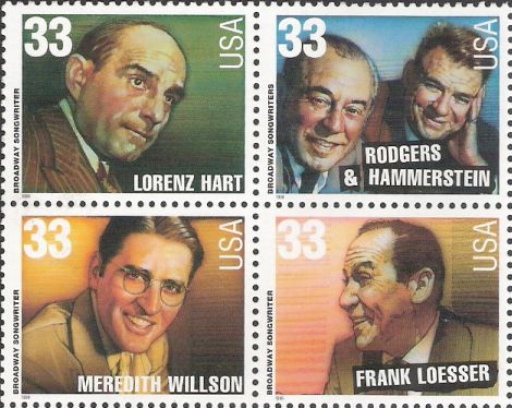 Block of four 33-cent U.S. postage stamps picturing Lorenz Hart, Richard Rodgers and Oscar Hammerstein II, Meredith Willson, and Frank Loesser