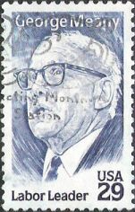Blue 29-cent U.S. postage stamp picturing George Meany