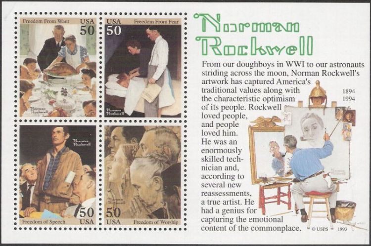 Souvenir sheet of four 50-cent U.S. postage stamps picturing Norman Rockwell paintings