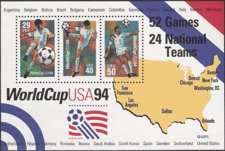 Souvenir sheet of 29-, 40-, and 50-cent U.S. postage stamps picturing soccer players