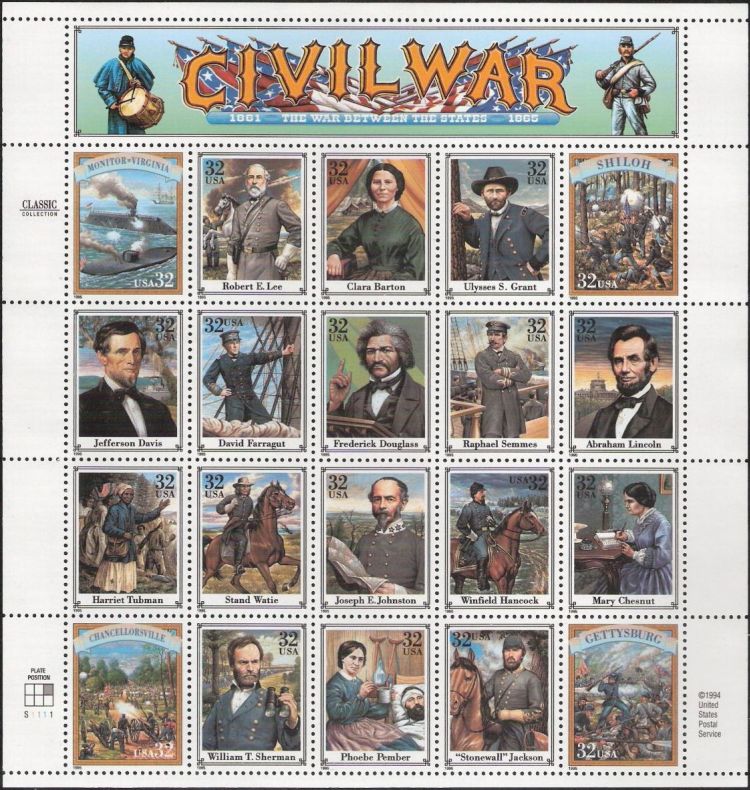 Sheet of 20 32-cent U.S. postage stamps picturing Civil War figures and events