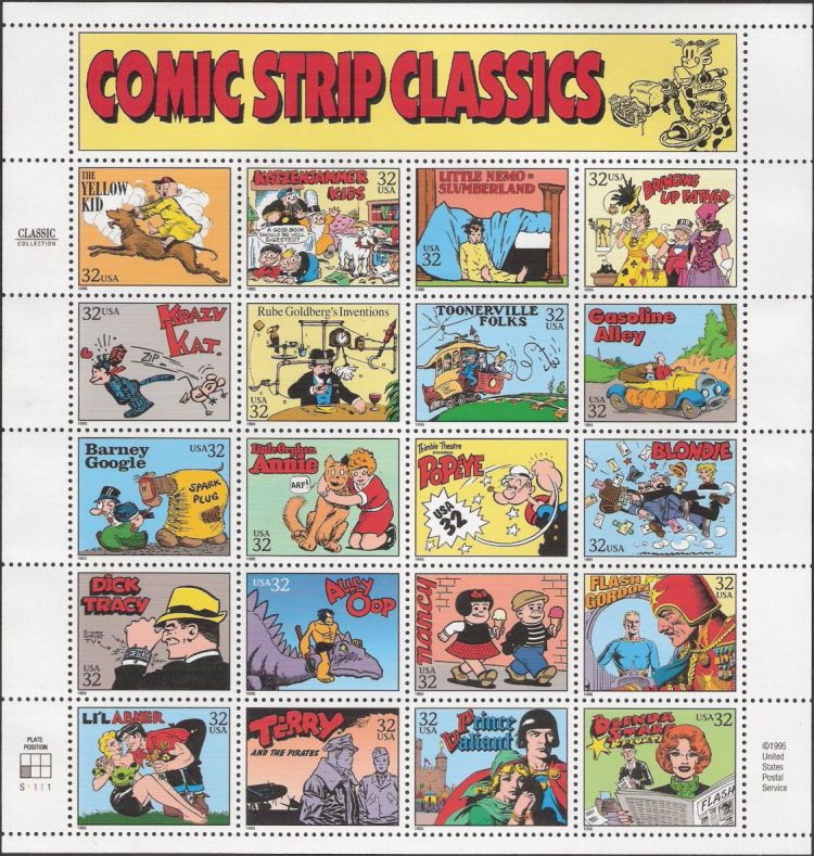 Sheet of 20 32-cent U.S. postage stamps picturing comic strips characters