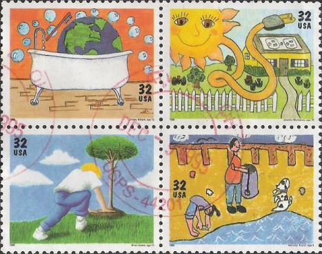 Block of four 32-cent U.S. postage stamps picturing colored environment-related drawings