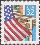 32-cent U.S. postage stamp picturing American flag and porch