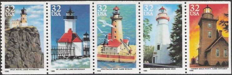 Booklet pane of five 32-cent U.S. postage stamps picturing lighthouses