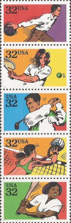 Strip of five 32-cent U.S. postage stamps picturing people participating in recreational sports