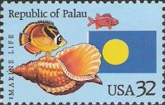 32-cent U.S. postage stamp picturing fish, shell, and Republic of Palau flag