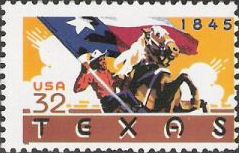32-cent U.S. postage stamp picturing Texas flag and man on horse