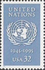 Blue 32-cent U.S. postage stamp picturing United Nations emblem