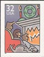 32-cent U.S. postage stamp picturing family in front of fireplace