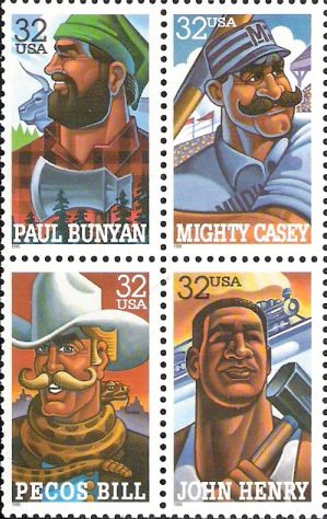 Block of four 32-cent U.S. postage stamps picturing Paul Bunyan, Mighty Casey, Pecos Bill, and John Henry