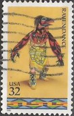 32-cent U.S. postage stamp picturing Native American performing raven dance