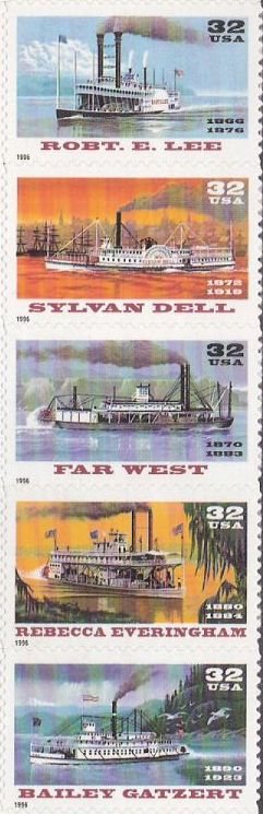 Strip of five 32-cent U.S. postage stamps picturing riverboats