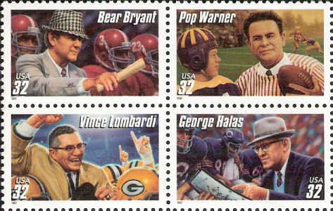 Block of four 32-cent U.S. postage stamps picturing Bear Bryant, Pop Warner, Vince Lombardi, and George Halas