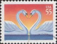 55-cent U.S. postage stamp picturing swans facing each other with necks curved in shape of heart