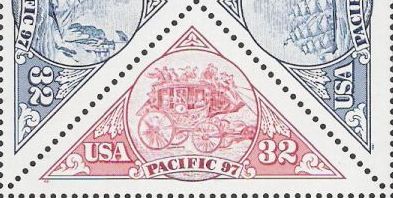 Red 32-cent U.S. postage stamp picturing stagecoach