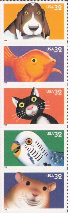 Strip of five 32-cent U.S. postage stamps picturing pets