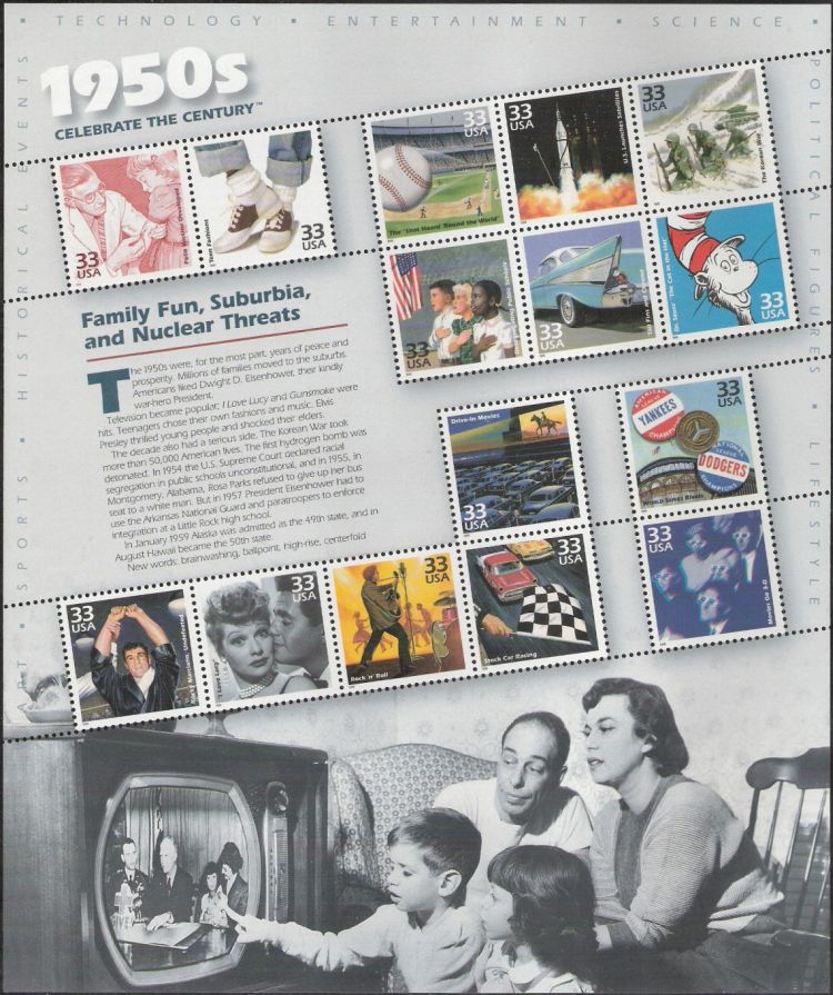 Sheet of 15 33-cent U.S. postage stamps picturing subjects from 1950s