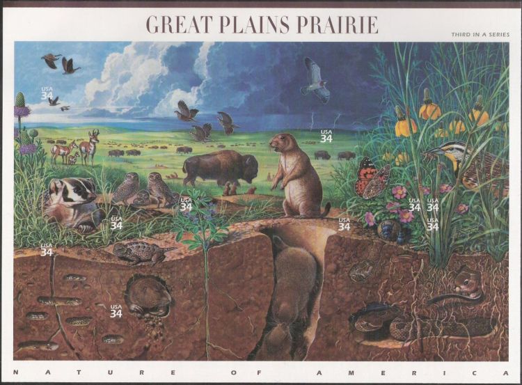 Sheet of 10 34-cent U.S. postage stamps picturing plants and animals of Great Plains prairie