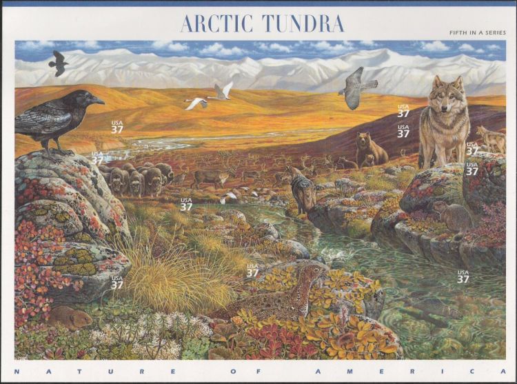 Sheet of 10 37-cent U.S. postage stamps picturing plants and animals of Arctic tundra