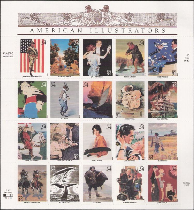 Sheet of 20 34-cent U.S. postage stamps picturing illustrations