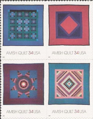 Block of four 34-cent U.S. postage stamps picturing quilts