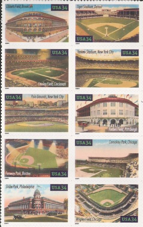 Block of 10 34-cent U.S. postage stamps picturing baseball fields