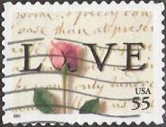 55-cent U.S. postage stamp picturing love letter and rose