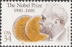 34-cent U.S. postage stamp picturing Alfred Nobel and medals